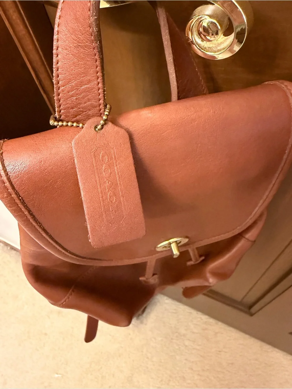 Coach Brown Leather Drawstring Backpack with Turn-Lock